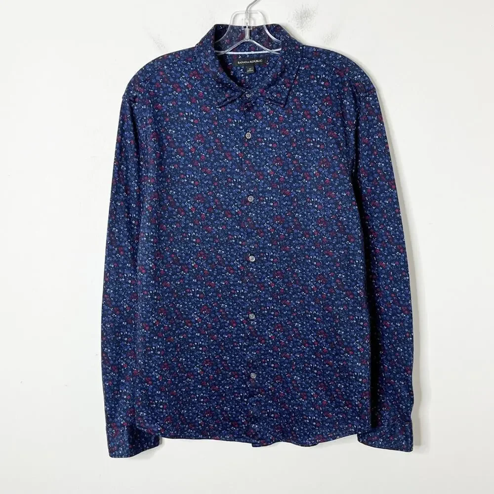 Banana Republic Men's Button Up Shirt M Blue Floral Long Sleeve Performance Knit